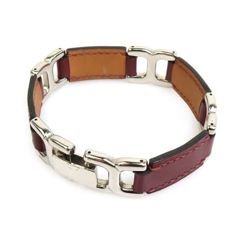 HERMES Bracelet Etrier Metal/Leather Silver/Brown Unisex